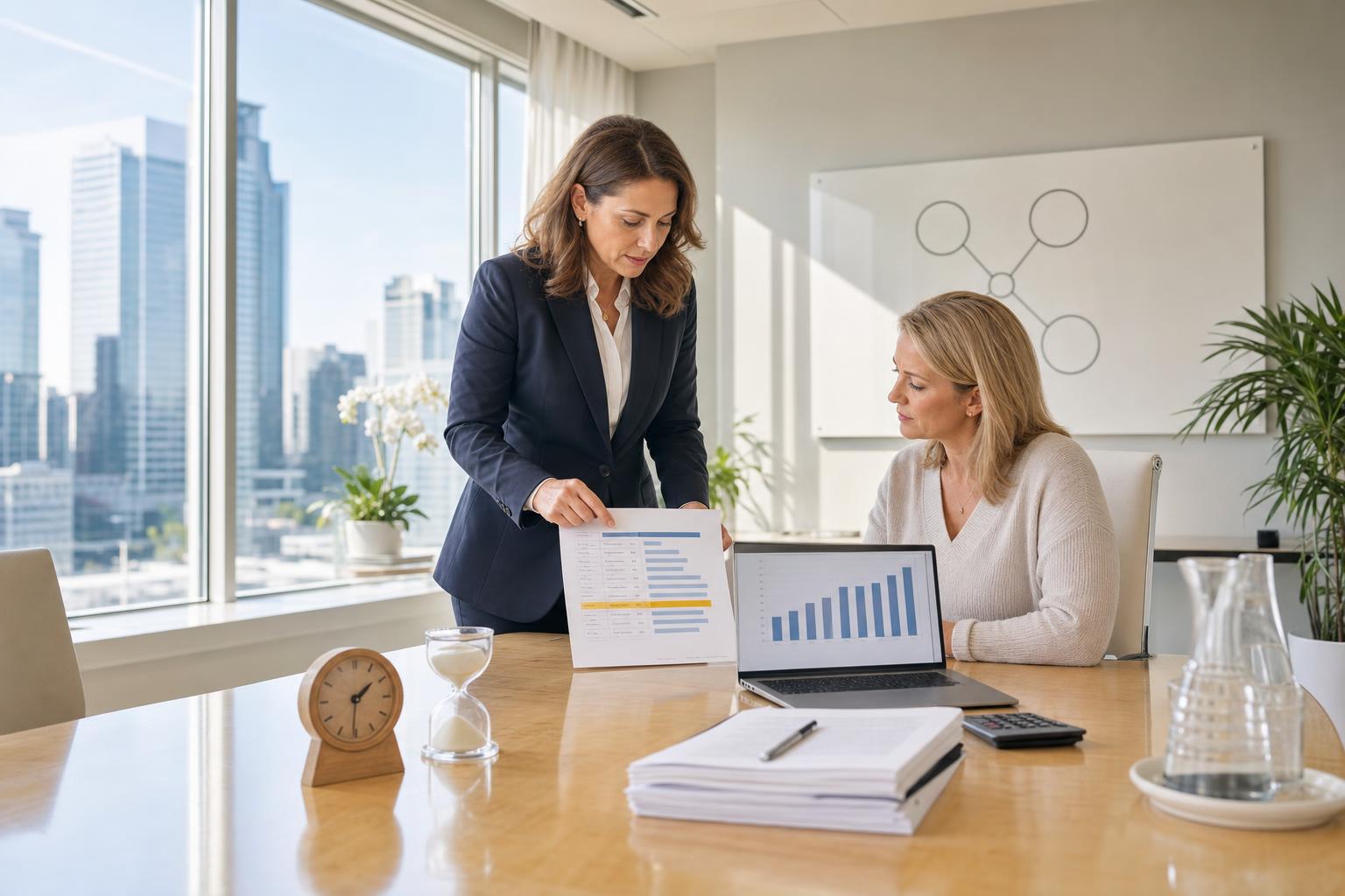 A professional female standing up and showing a document to another female professional seating at a table